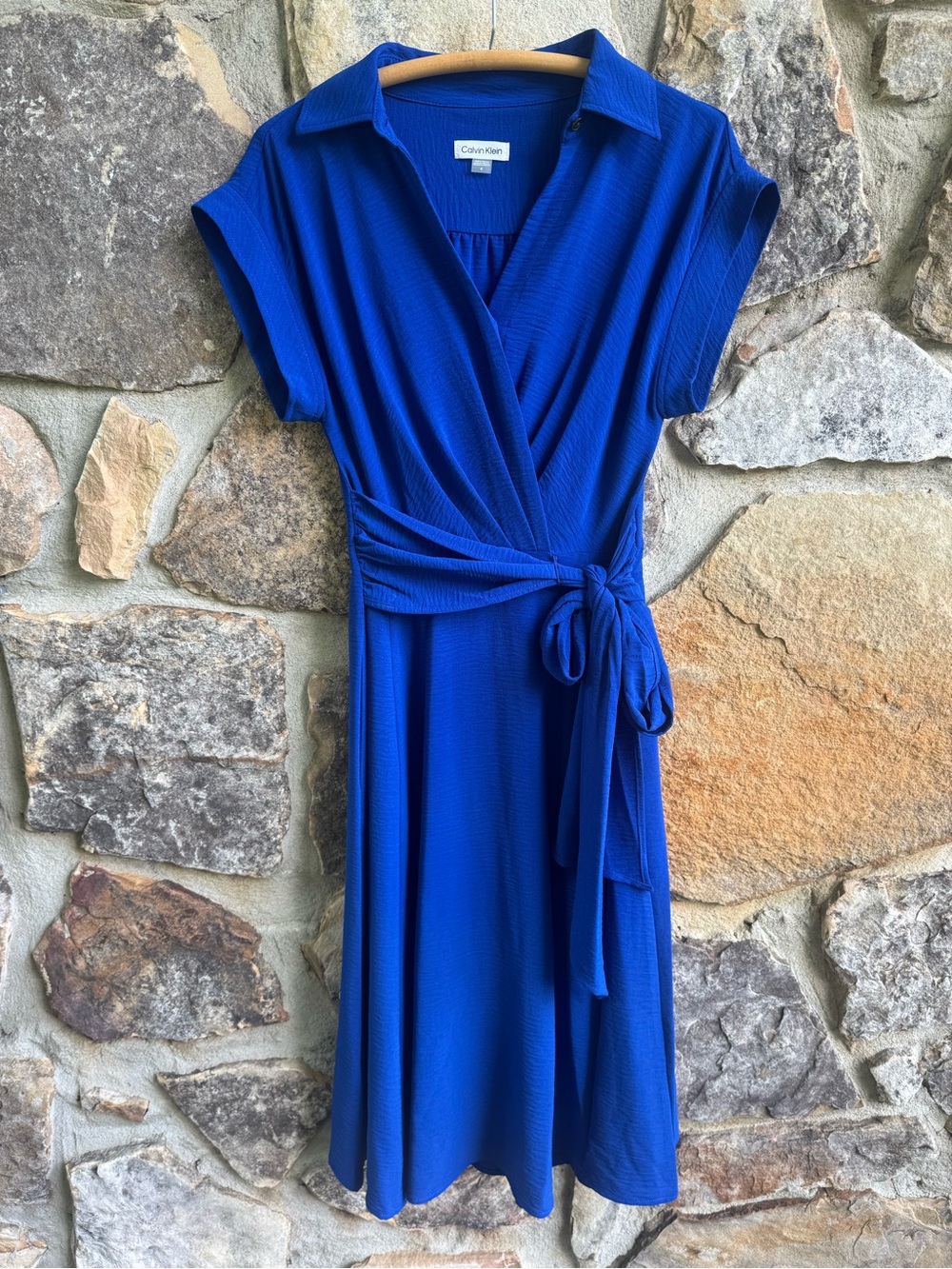 Calvin Klein Blue Wrap Midi Dress Belted Collared Short Sleeve Size 4